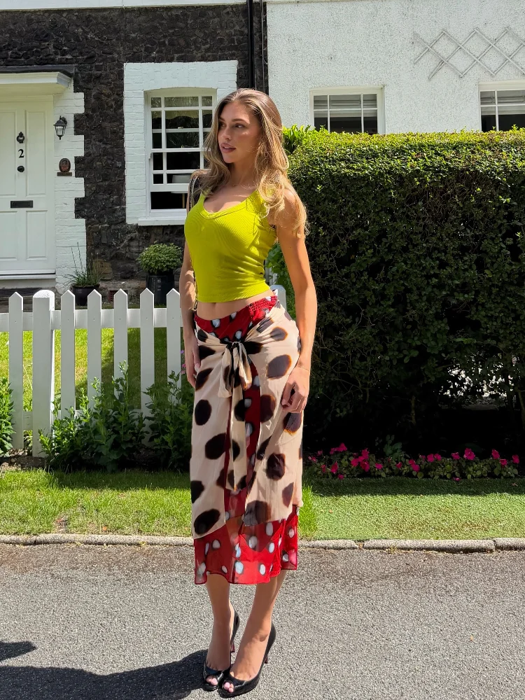 Chic Retro Two Color Block Polka Dot Wrap Skirt Women High Waist Chiffon Stylish Midi Skirt Summer Casual Vocation Streetwear