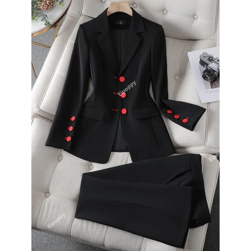 

2024 New Fashion Black Apricot Blazer Jacket and Pant Suit Women Female Office Ladies Business Work Wear Formal 2 Piece Set