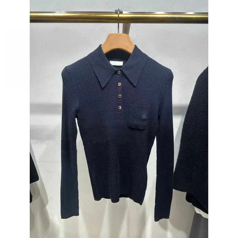 

Deep Blue Long Sleeve Knitted Sweater HEIDD M Home Style Comfortable Stretchy Slim Fit Turn-down Collar Polyester Wool Blend
