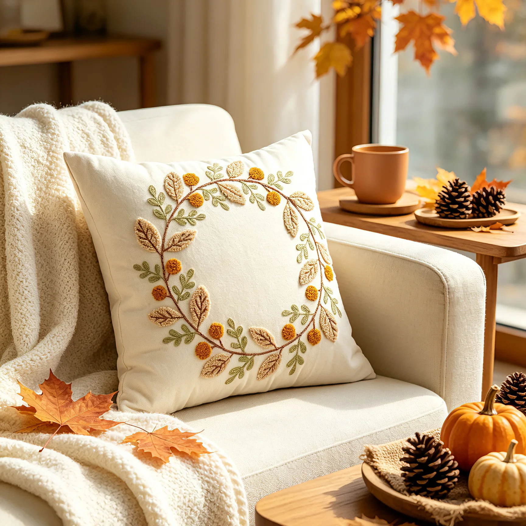 Thanksgiving Themed Throw Pillow Cover Cojines Autumn Chenille Leaf Garland Decorative Embroidery Cushion Covers 45x45cm