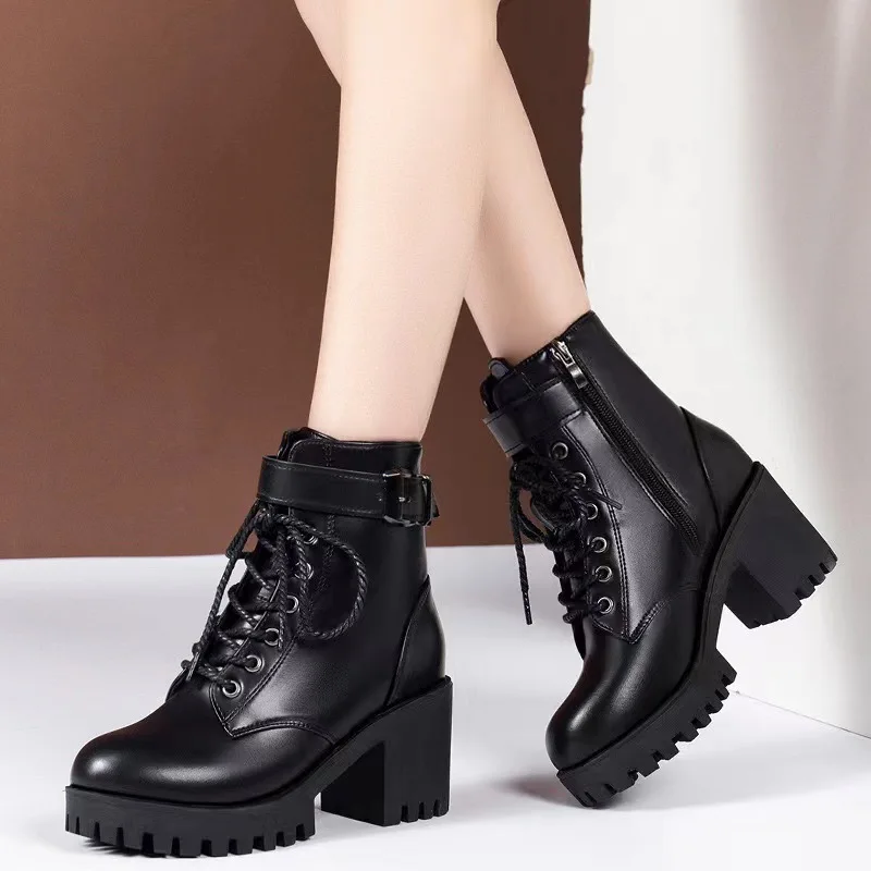 

Woman Shoes Large Size High-heeled Lace Up Boots Fashion Round Toe Belt Buckle Short Boots Black Female Motorcycle Shoes Zapatos