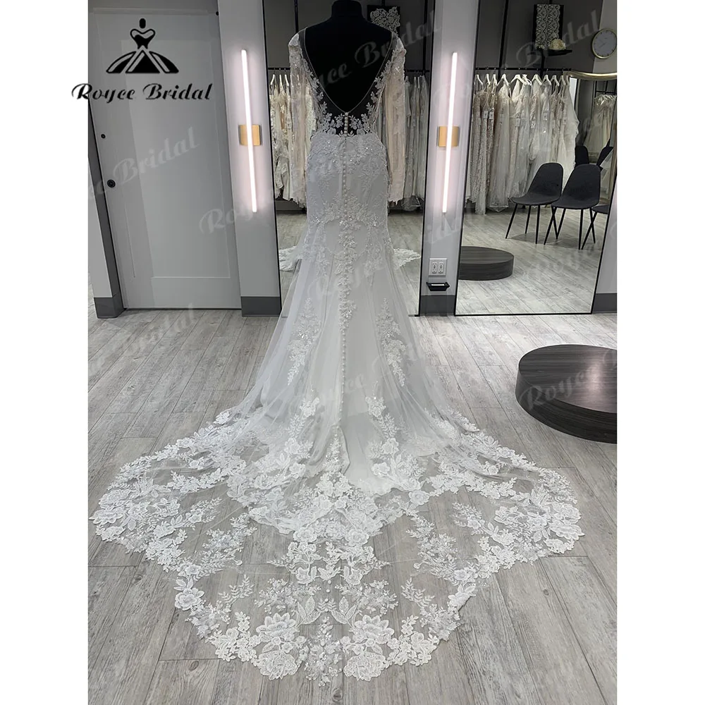 Robe de mariée sirène à manches longues avec appliques en dentelle pour femmes, col en V, corsage non doublé, robe de luxe pour patients, 2024