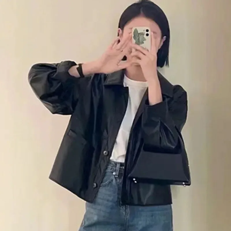 2025 frauen Mode Kurze Leder Mantel Retro Damen Lange Ärmel Faux Leder Outwear Frühling Weibliche Freizeit PU Leder Jacke ﻿