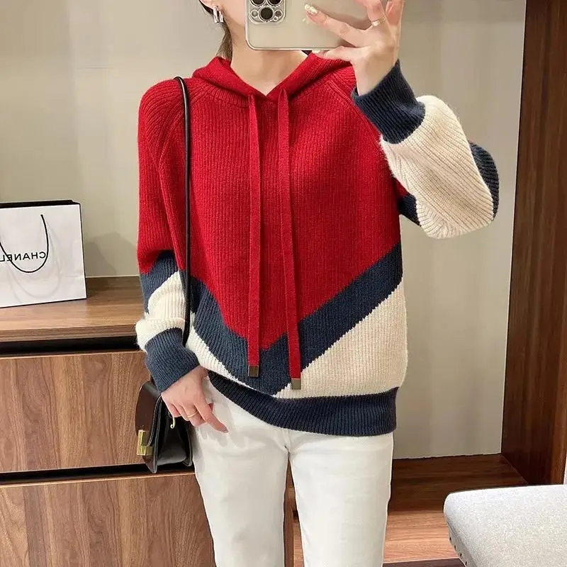 

2024 Hooded Coat V-neck Long Sleeved Knitted Hoodie Autumn and Winter Patchwork Loose Top Sweater Women's Clothing X134