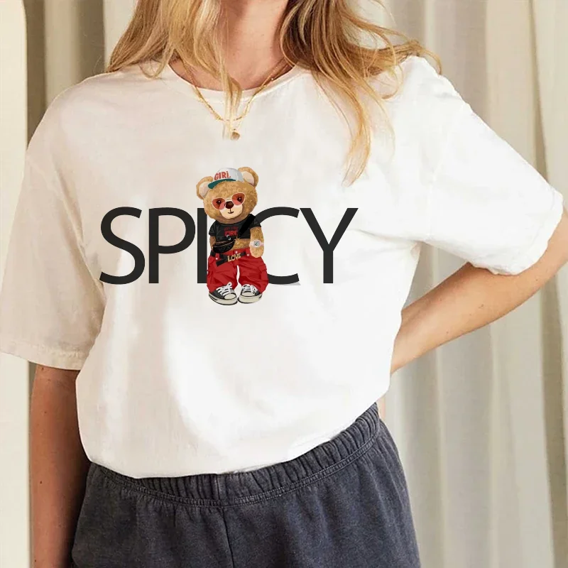 

Printed Casual Women's Trendy Bear Pattern White T-Shirt Fashion Trend Short Sleeved Cute O-Neck Summer Top Basic T-Shirt