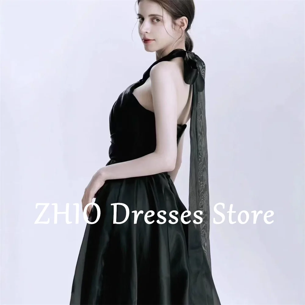 ZHIO Simple Black Evening Dress A-Line Halter Floor-Length Formal Party Occasion Dresses A-line Satin Prom Gown Customized