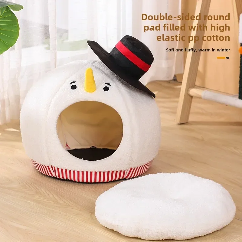 Cat nest universal in autumn and winter semi-closed cat house cute Christmas snowman cat nest winter warm pet supplies