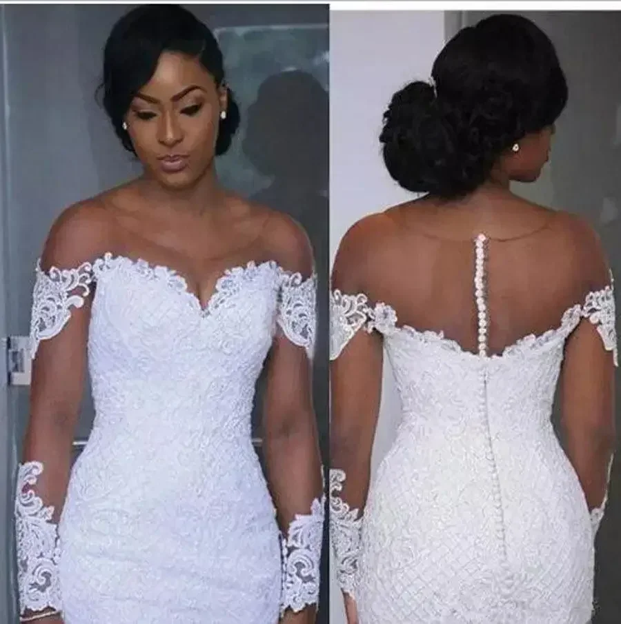 

Customized New Designs Mermaid Royal Train Customized Black Girls Bridal Gowns Plus Size Lace Long Sleeve Wedding Gowns