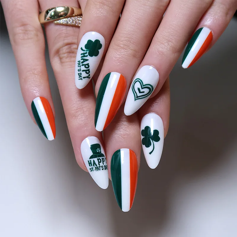 

24PCS St. Patrick's Press-On Nails - 3D Shamrocks & Cartoon Hats with Love Doodles Medium Almond Shape
