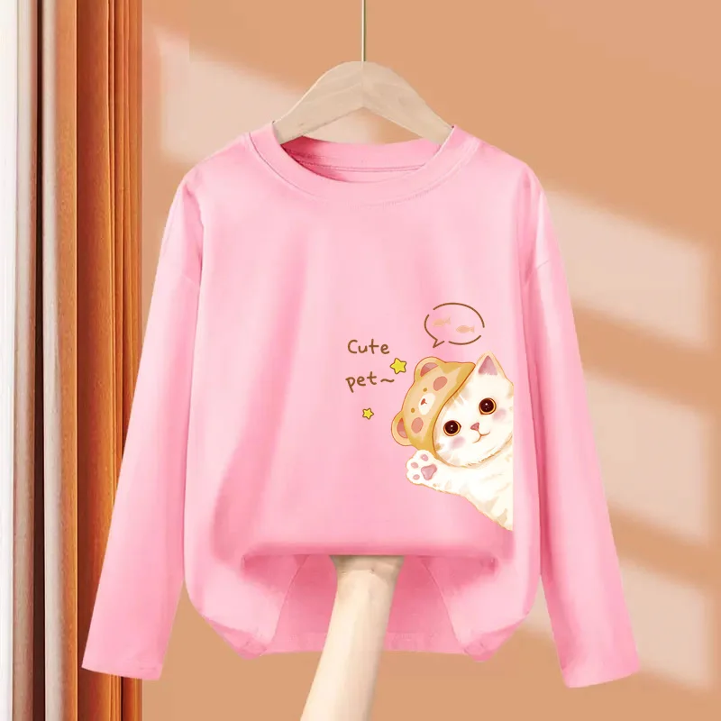 

Одежда для милых котят для маленьких девочек, весенне-осенние хлопковые футболки, детские топы с длинными рукавами и рисунком кота, От 3 до 14 лет