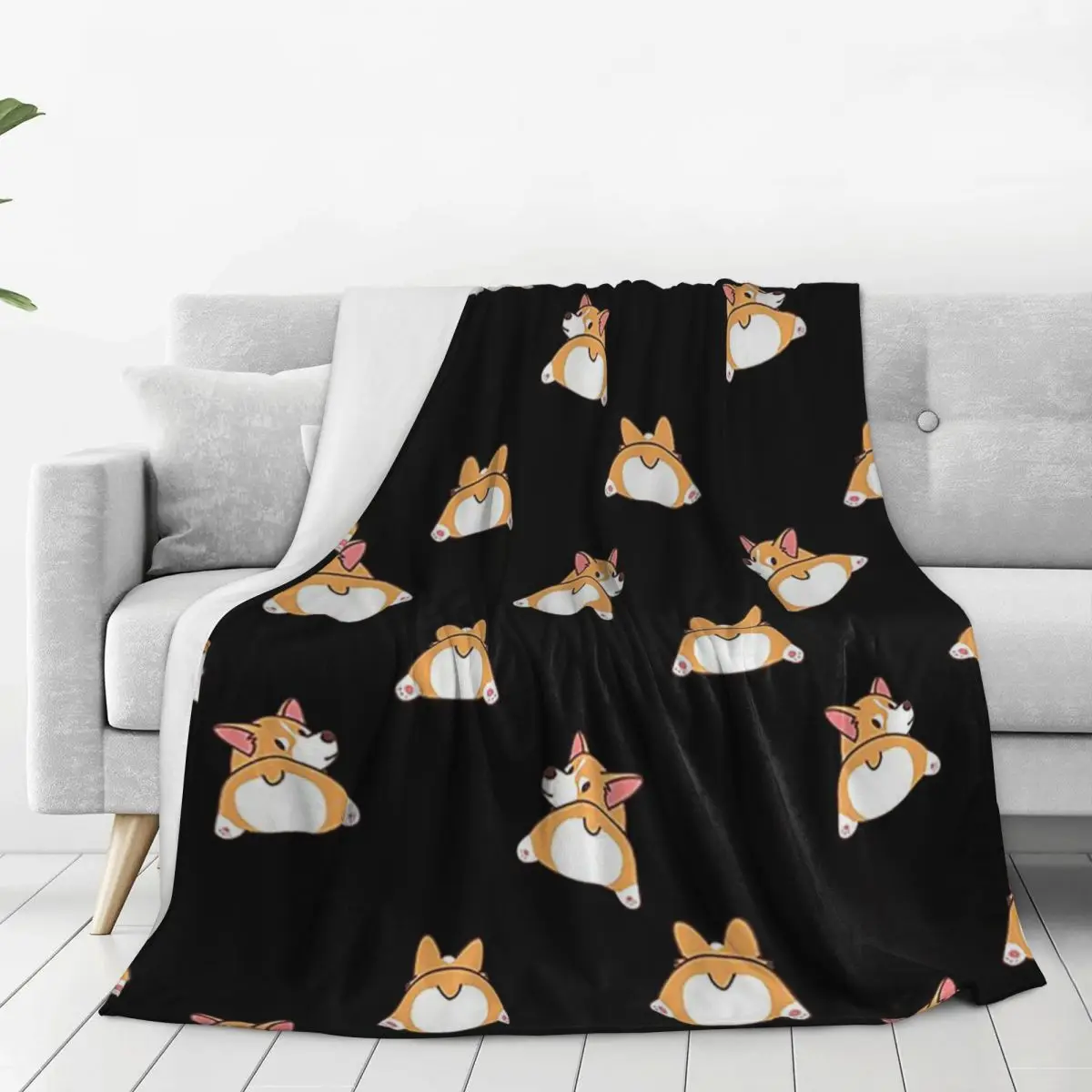 Funny Cute Corgi Butt Pattern Dark Blankets Flannel Throw Blankets Sofa Throw Blanket For Couch Bedding Office Throws Bedspread