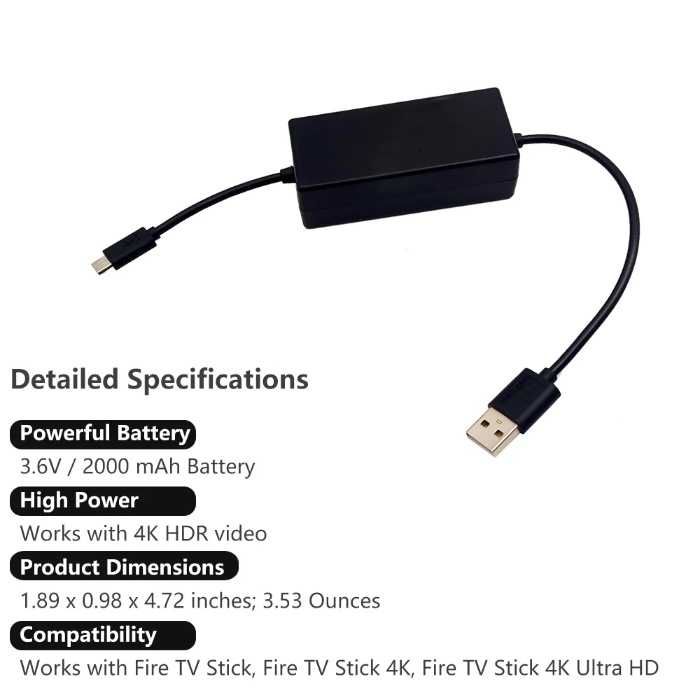 Cable de alimentación USB para Amazon Fire TV stick, fuente estabilizada con batería integrada de 2000mAh