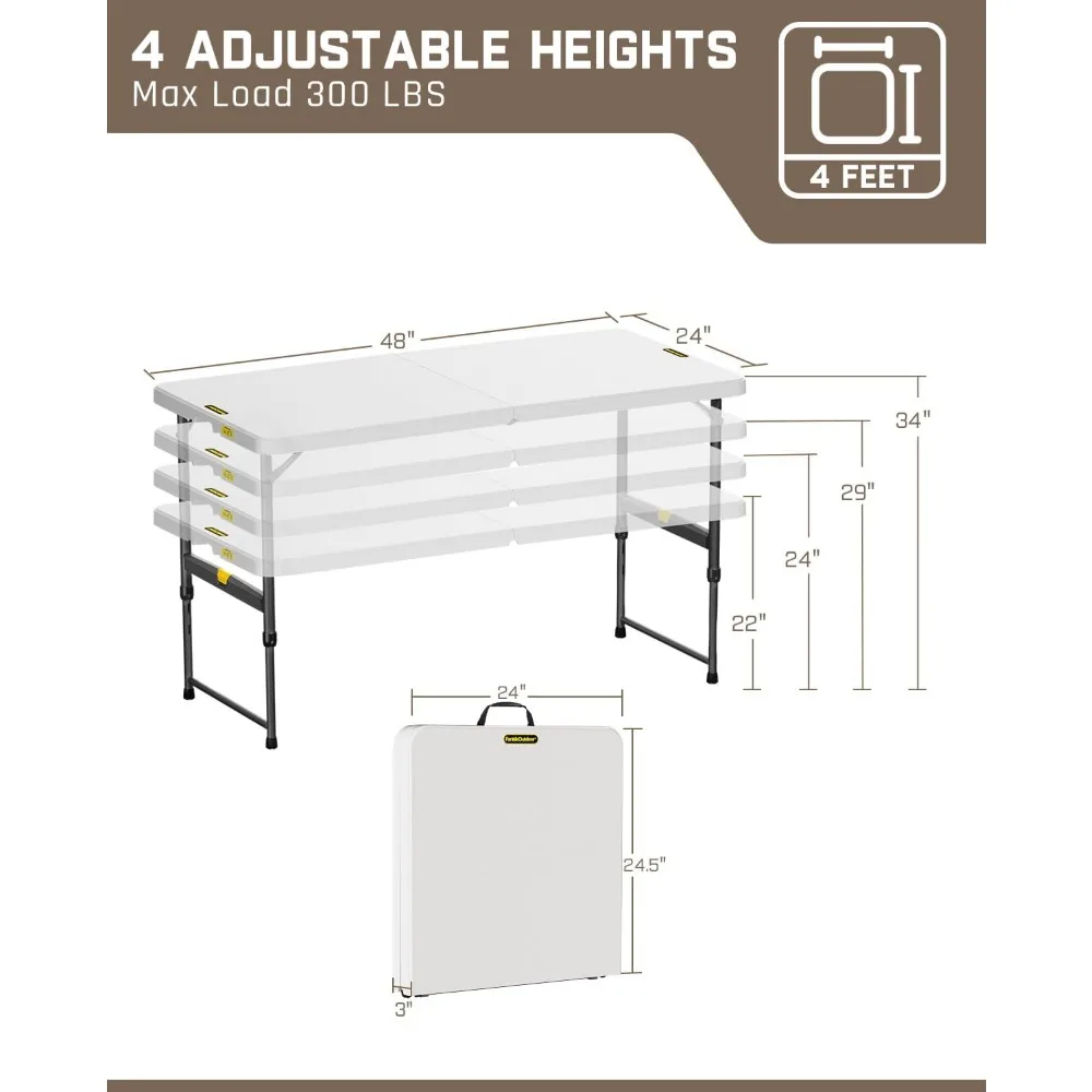 Portable Folding Table 4ft, One-Handed Height Adjustment, 4 Positions, Gravity Lock, Carry Handle, Suitable for Indoor and Outdo