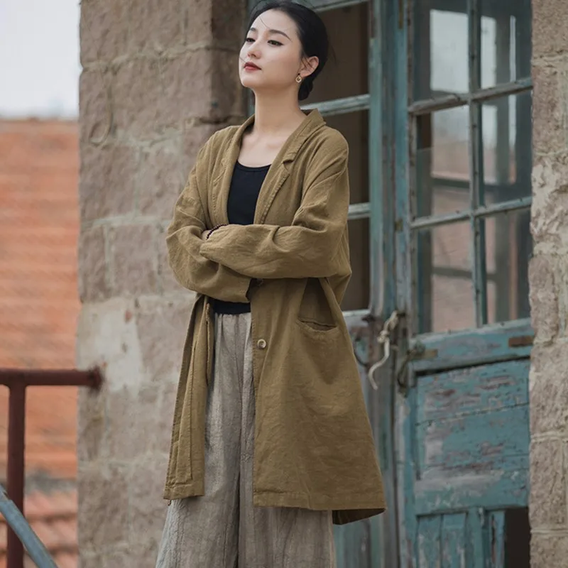 High Quality Cotton Linen Tailored Coats Women New Arrival 2024 Autumn Vintage Style Solid Color Loose Female Long Jackets M060