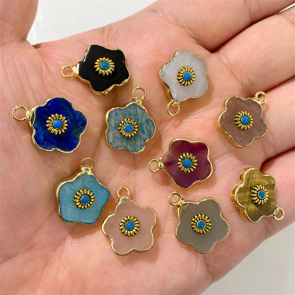 2PCS Retro Flower Natural Stone Rose Quartz & Amazonite Pendants