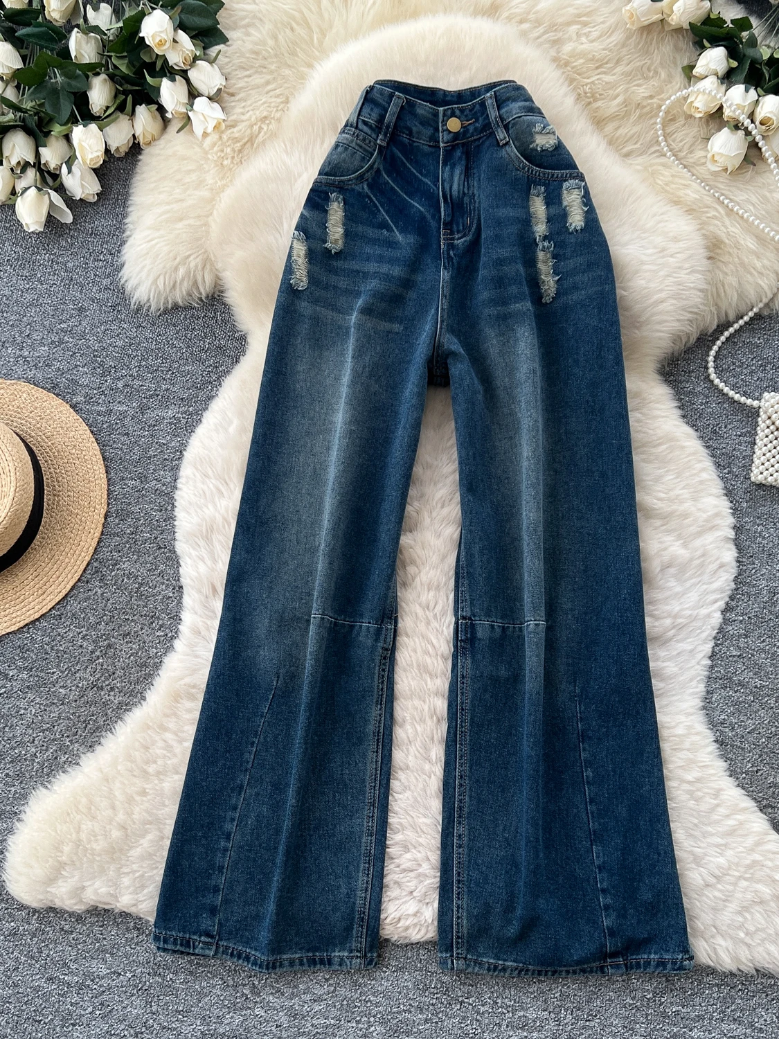 Retro High Waist Wide Leg Jeans Women's Casual Loose Slimming Long Pants Autumn Design Sense  Comfortable Versatile Jeans