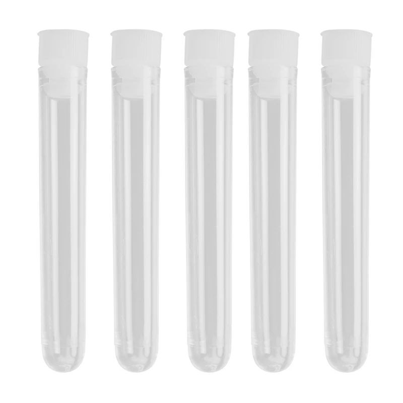Tubos de ensayo de plástico transparente, 100 piezas, con tapas de rosca blancas, contenedores de muestra, botellas, tapones de empuje, 12x75mm