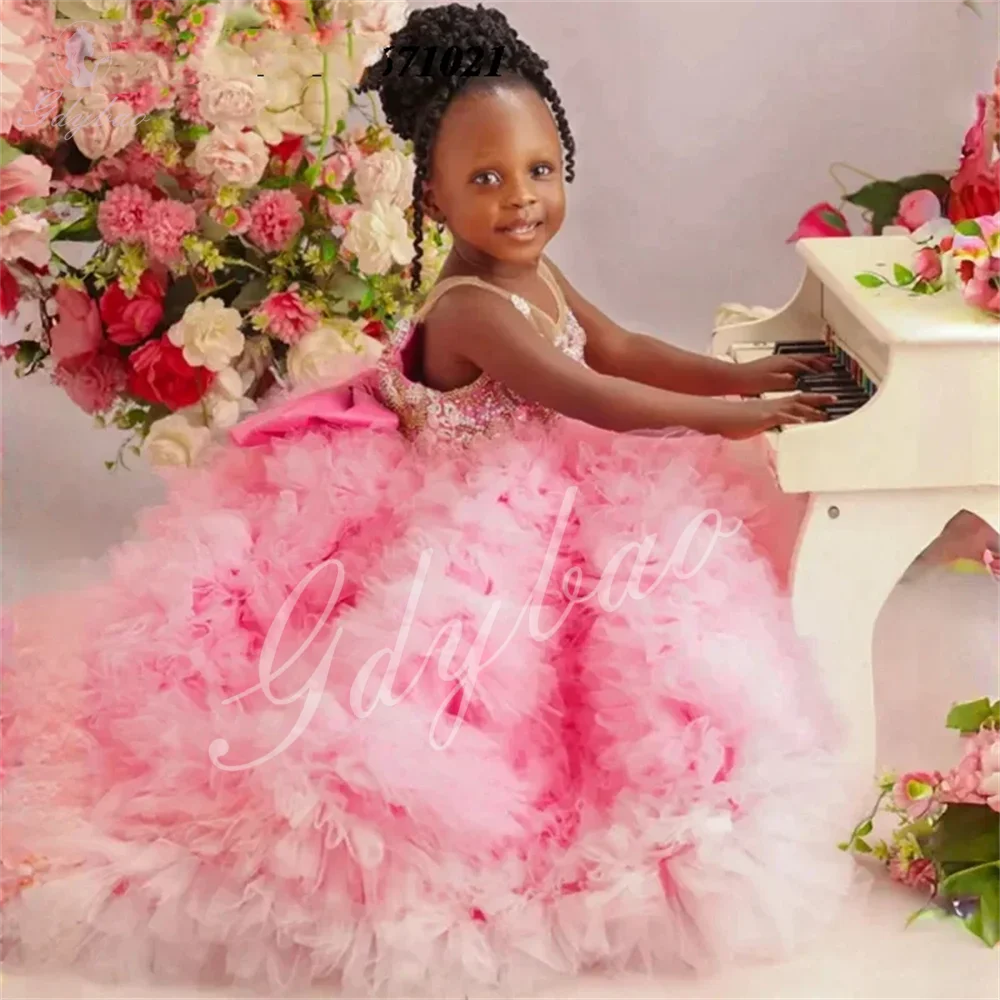 Costumes de petite fille pour la fête de mariage, robe de demoiselle d'honneur de luxe, jolie robe moelleuse rose, robe de première communion à plusieurs niveaux