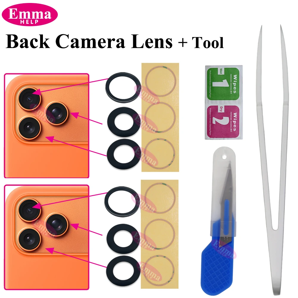 Rear Camera Glass for iPhone 17 16 15 Pro Max Plus 14 Back Camera Cover Lens Sticker Adhesive Glue Replacement
