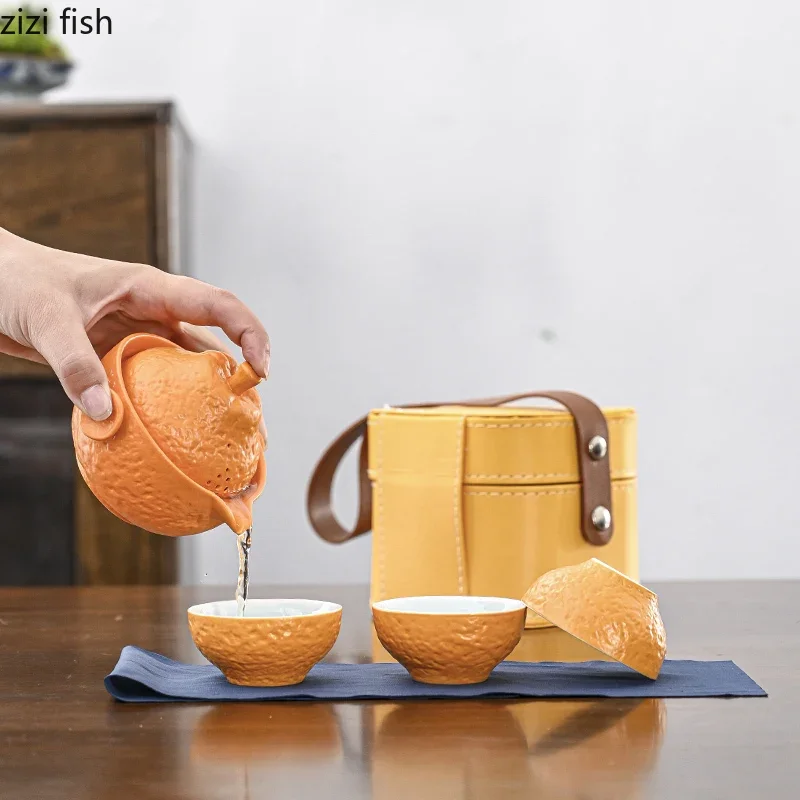 Orange Shaped Travel Tea Set Outdoor Portable Teaware Sets Bag Storage Tea Infuser Teapot Teacup Teas Brewing Utensils