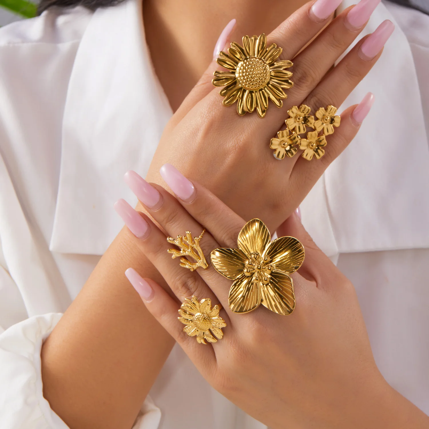 Edelstahl-Ringset im Luxus-Stil mit verstellbaren Blumen- und Seesternmotiven für Damen, stapelbar, für Urlaub am Meer, Party-Schmuck-Accessoires – Detail 3
