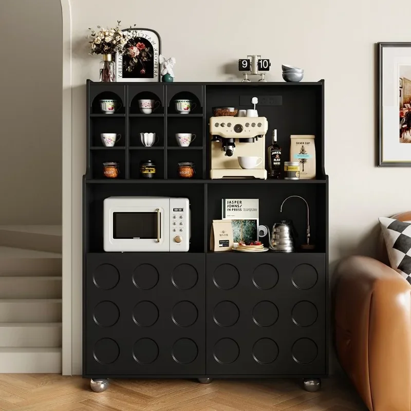 side cabinet integrated, movable microwave oven, storage cabinet advanced sense, black floor type, curved tea cabinet