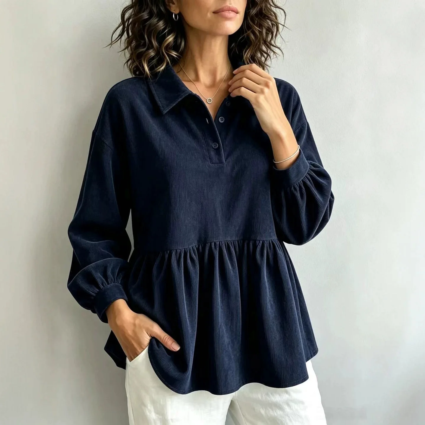 Retro Fine Flannel Shirt, New Autumn Loose Leisure Style with Ruffled Hem and Notch Lapel Women's Shirt