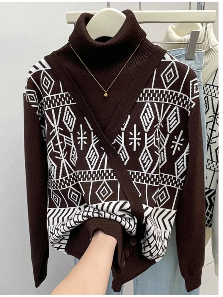 Sweater ukuran Plus, Sweater wanita longgar perca tidak beraturan, Sweater wanita, atasan motif geometris, Sweater musim gugur leher Turtleneck ukuran Plus