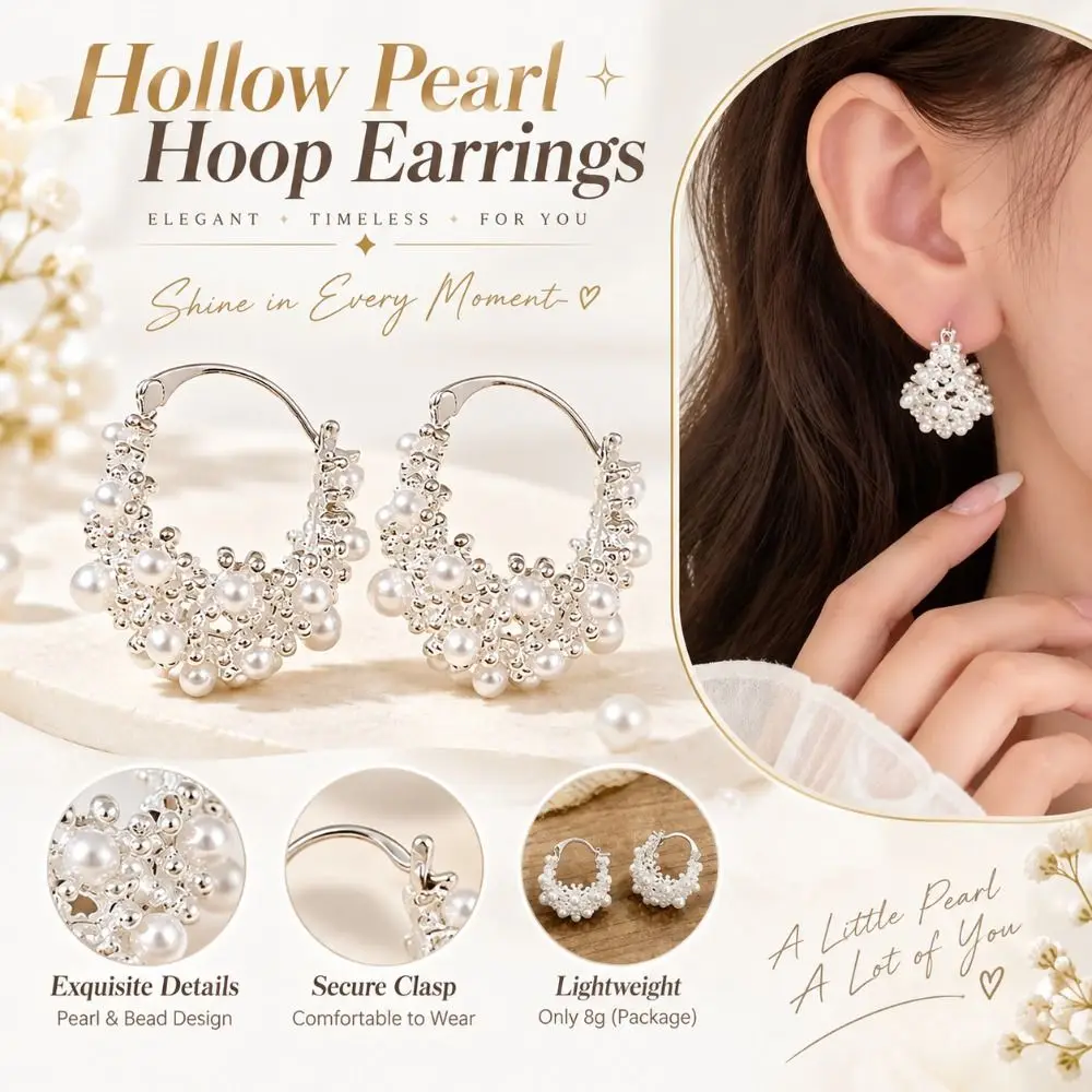 New Hollow Pearl Hoop Earrings Floral Elegant Look Pearl Earrings Women's Jewelry Vintage Style Basket Shape Party Accessories