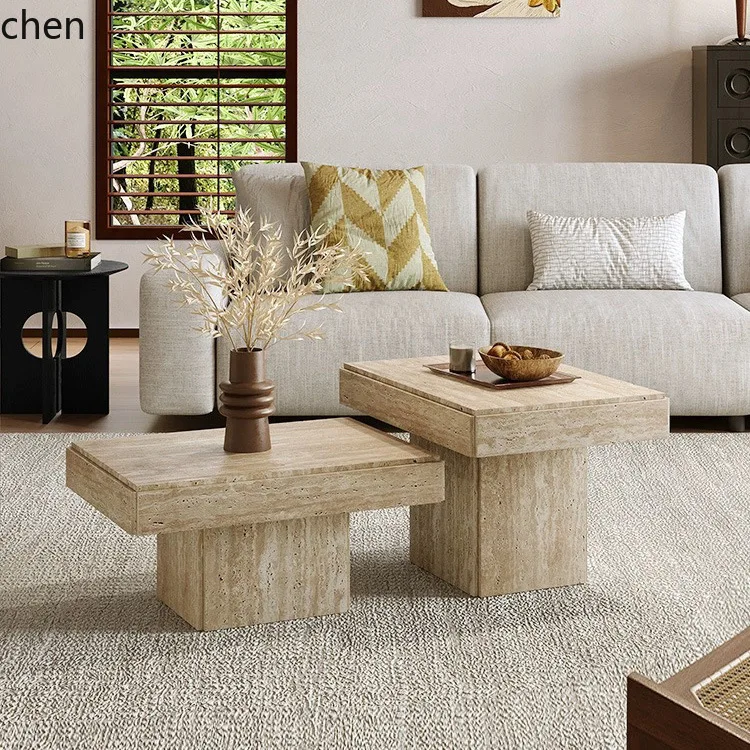 HXL Natural Travertine Square Coffee Table Set Sofa Side Table