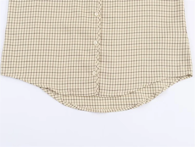 Damesoverhemd 2025, herfst nieuwe stijl kaki geruit overhemd met lange mouwen, strikversiering en knopen met enkele rij knopen, casual mode