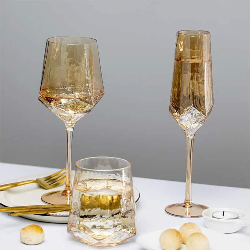 Light Luxury Gold Amber Champagne Goblet Wine Glasses Nordic Colored Home Lead-free Crystal Glass Hammered Diamond Whisky Cup