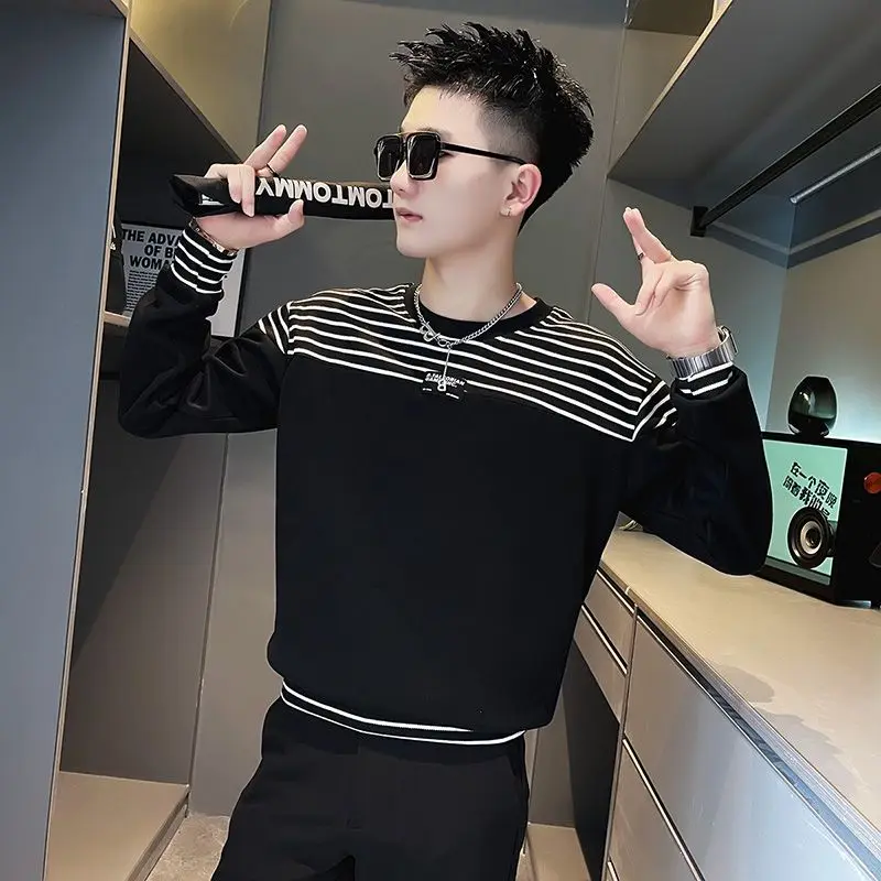 Spring Autumn New Fashion Round Neck Long Sleeve Striped Pullovers T-Shirts Men\'s Clothing Patchwork Contrast Color Sweatshirt