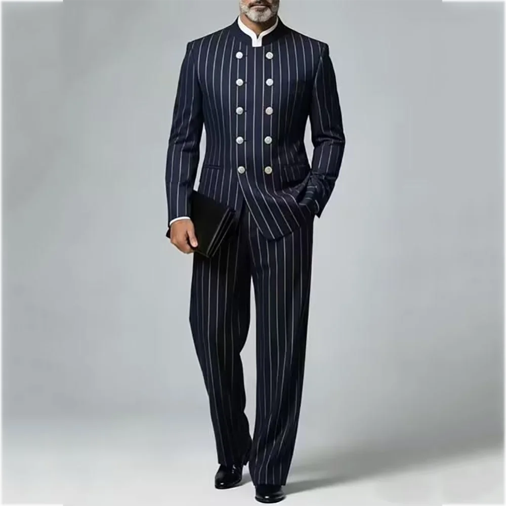 Classic Mandarin Collar Men's Suit High End Navy Striped Double Breasted Slim Fit Outfit Formal Occasion Party Jacket Pants