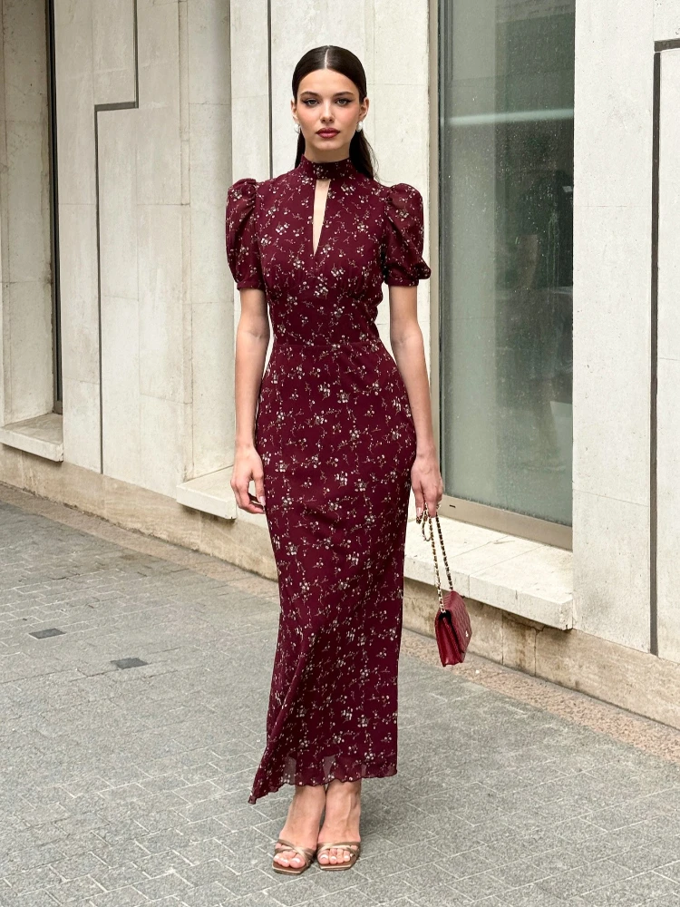 

Tsiisd Women's Burgundy Floral Print Maxi Dress Puff Sleeve Slim Elegant Fashion Evening Gown Party Dress Female New Maxi Dress