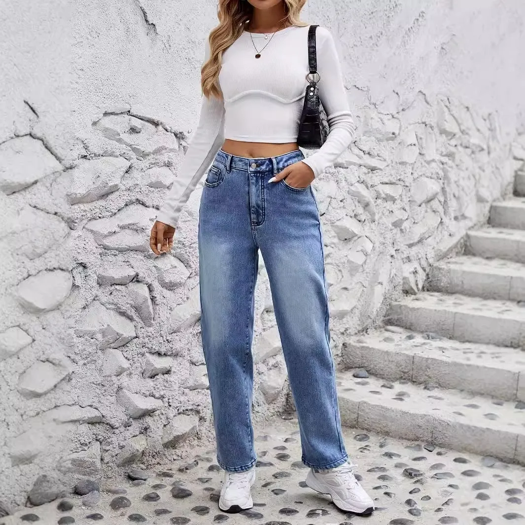 Washed Straight Leg Jeans Full Length Streetwear with Mid Waist Medium Stretch Women Pants Autumn Thickened Wrinkle Treatment