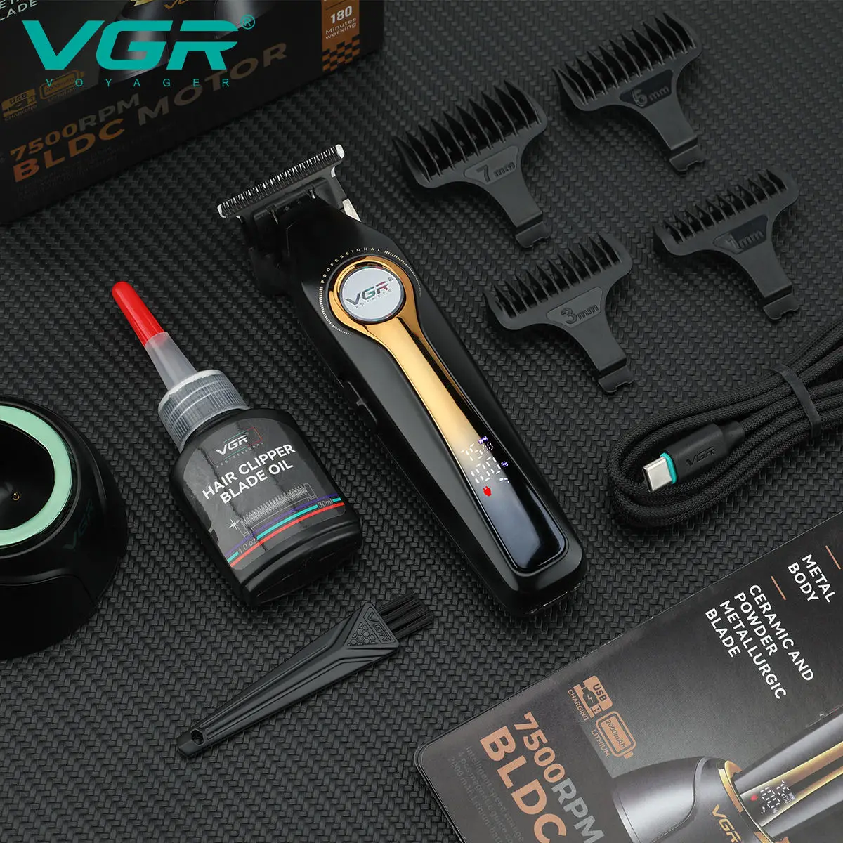 Nova máquina de corte de cabelo multifuncional VGR com forte potência, base, USB de alta velocidade, escultura elétrica e tesoura de empurrar V-993