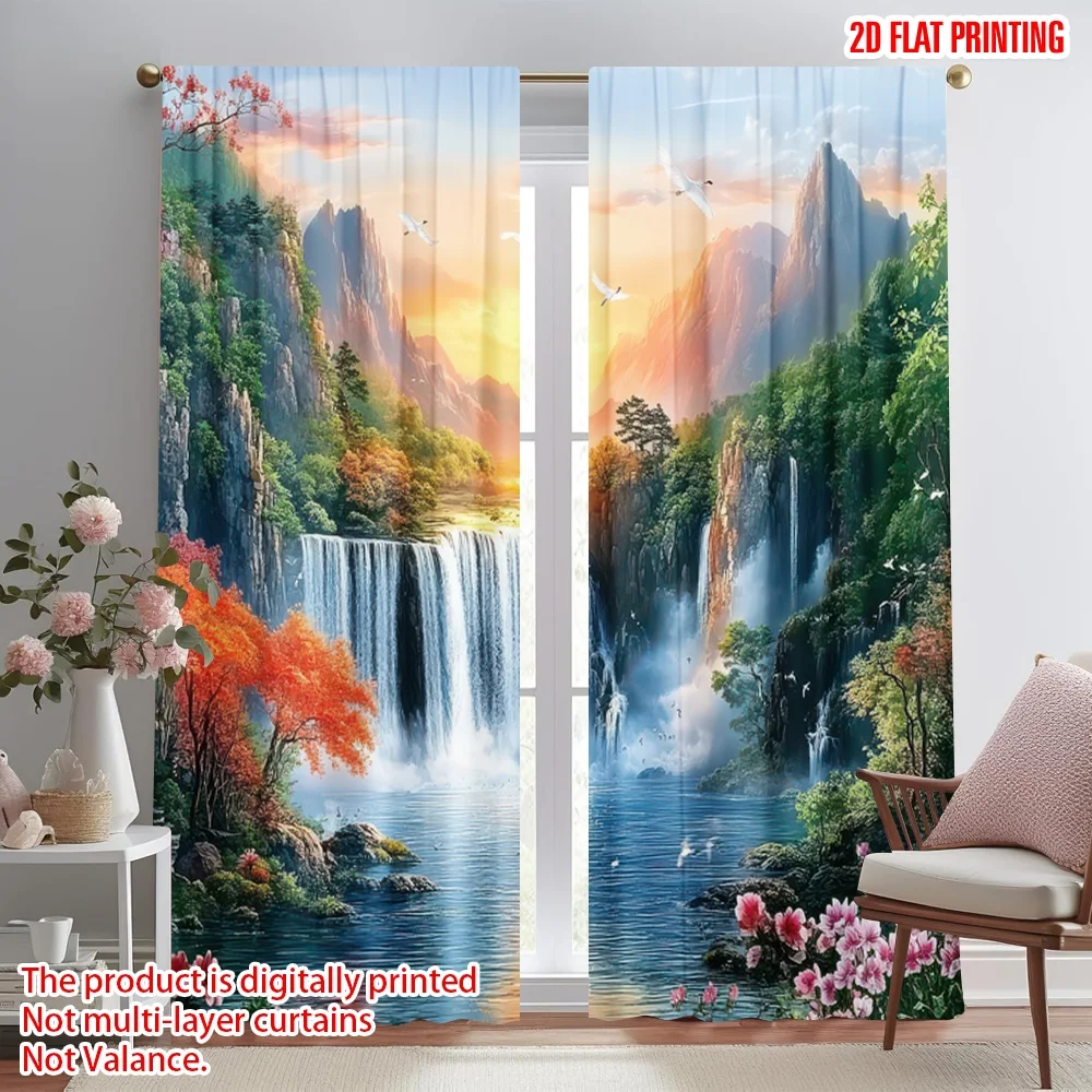 

2D flat printing 2pcs Curtain Sunset Over Serene Waterfall Digital Printed Polyester Drapes All Season Party & Holiday Decor Use