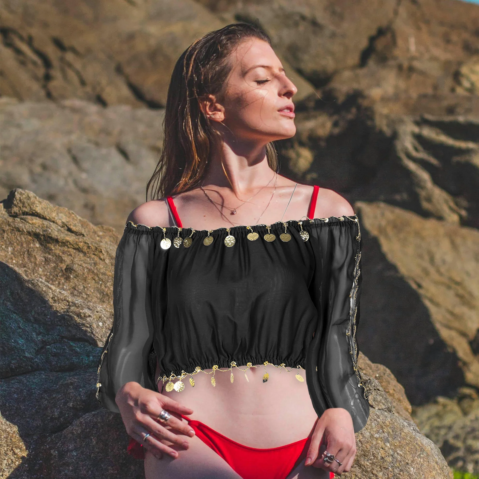 Exquisite Indian Dancer Costume with Long Sleeves Off Shoulder Design Soft Flexible Belly Dance Top for Stage Performances and