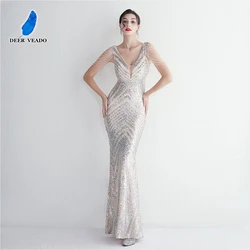 DEERVEADO Women's Mermaid Deep V Neck Sequins Evening Dresses with Beads Chic Prom Party Dress Gala Formal Dress Robe Des Soiree