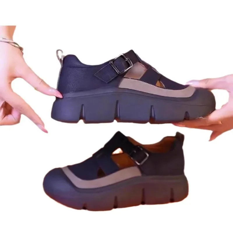 Thick Soled Sports Women\'s Shoes 2024 Summer New Solid Color Lightweight Breathable Height Increasing Sports Women\'s Sandals