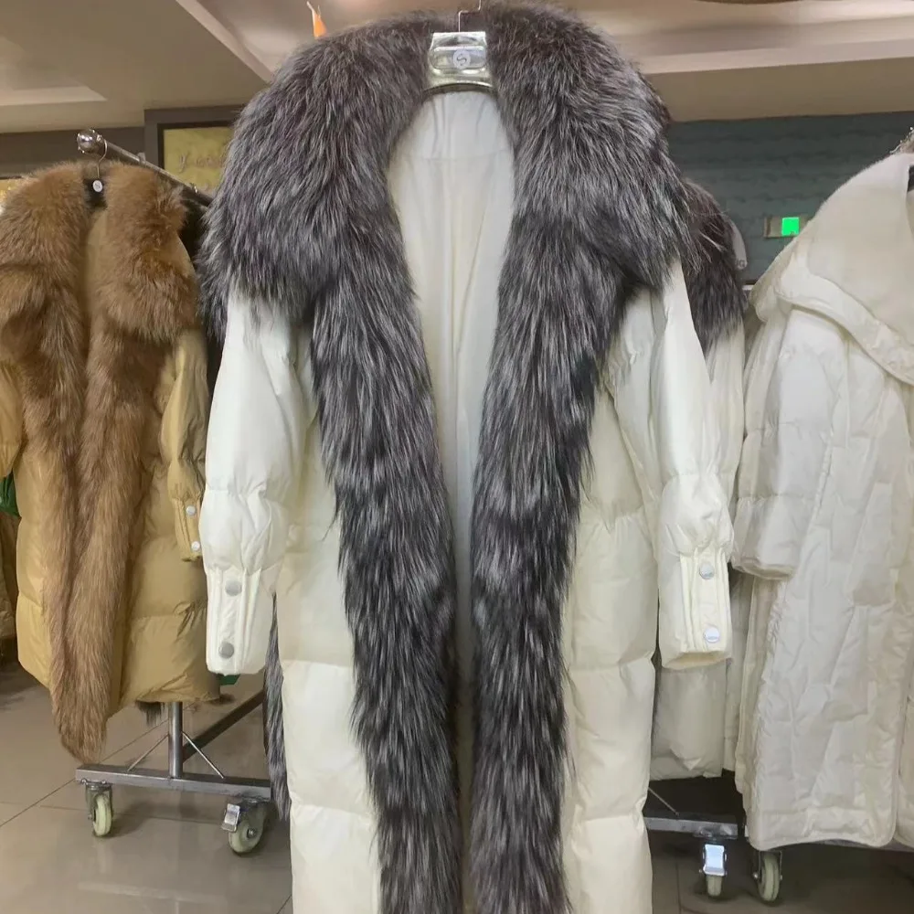 2024 Real Fur Coat Women Winter Real Silver Fox Fur Collar White Goose Down Jacket Long Thick Warm Luxury Parka Female Outwear