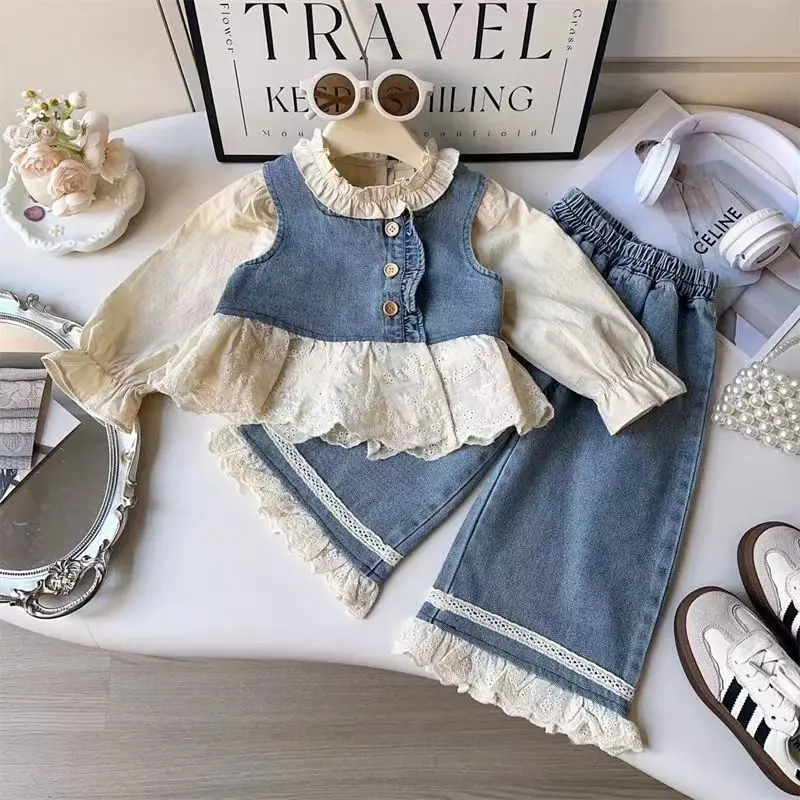 

Baby Girls Sets Fashion Spliced Lace Sleeveless Denim Vest and Long Pants Cotton Shirts 2025 Spring New Style Kids 3 Piece Sets