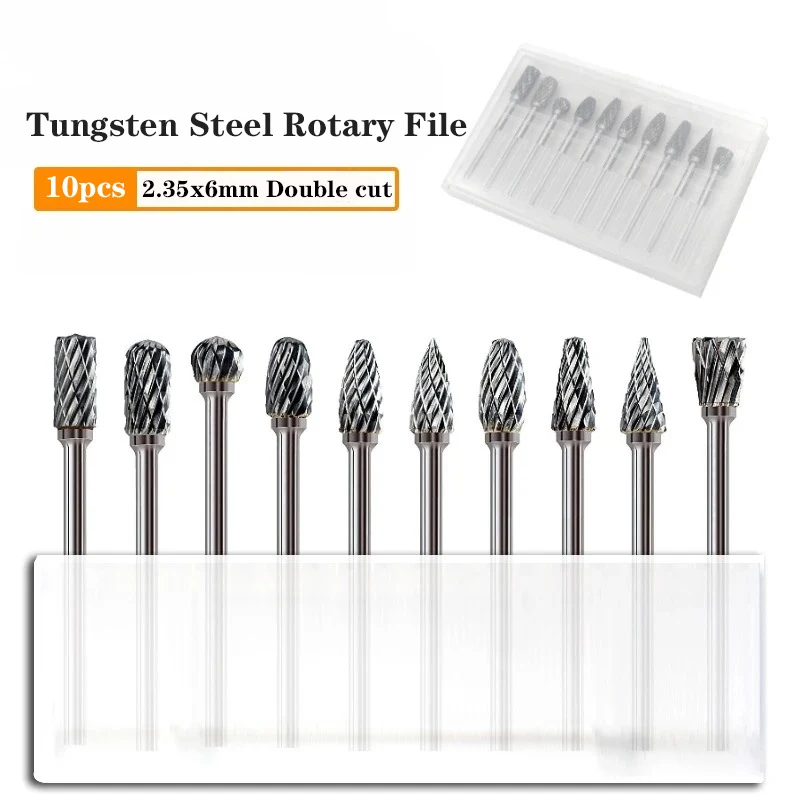 

10Pcs, 2.35mm Shank, Tungsten Carbide Rotary Burr Set, Double Cut Points Files, Grinder Tool for Engraving Wood Work