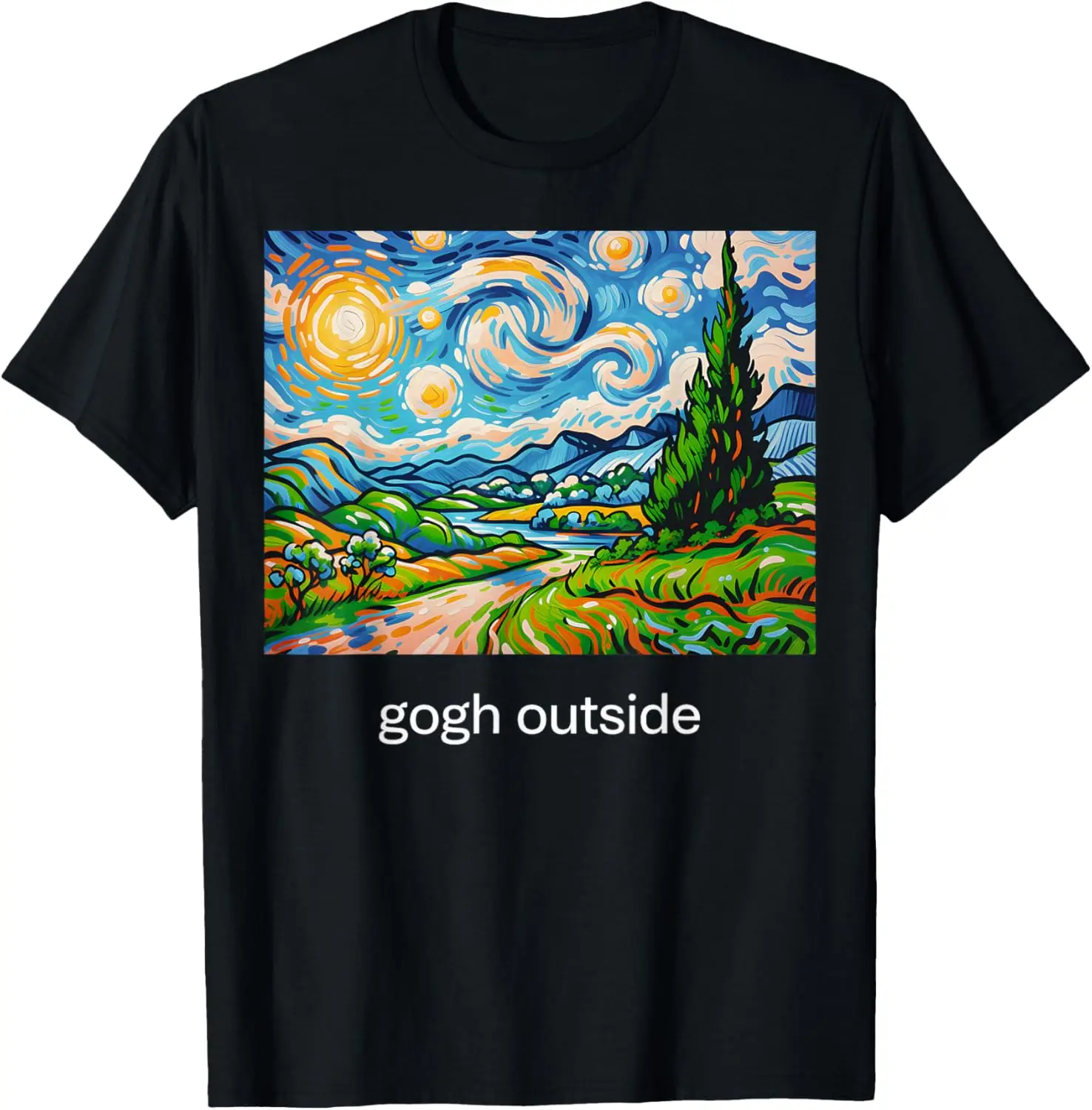 Gogh Outside Funny Nature Hiking Art Lover T-Shirt 100% Cotton Trendy Y2K Short-Sleeve Tee – Soft, Quick-Drying, & Moisture-Wicking; Ideal for Sports or Casual Wear; Great Gift for Christmas or Halloween. Hiking Print,Mountain,Outdoor Hiking,Nature Hiker