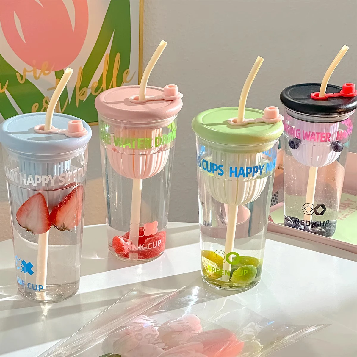 

Cute Korean Glass Cup With Lid And Straw Infuser Large Glass Bottle Aesthetic For Water Tea Juice Drinking Bottle Gift 750ml