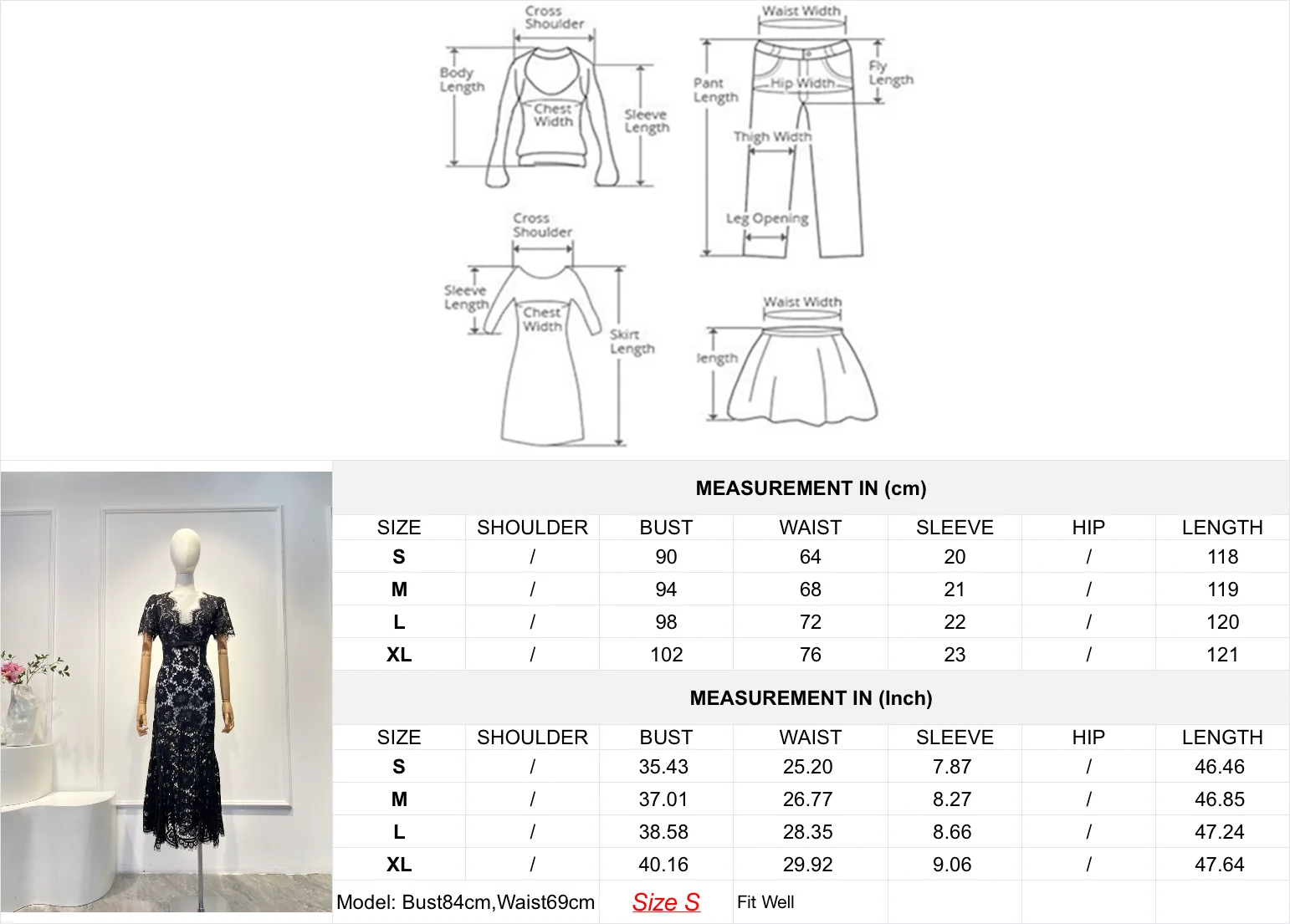 High Quality Black/Red Short Sleeve Lace Flowers Midi Dress