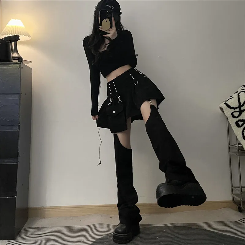 REDDACHiC Detachable Leg Warmers Denim Skirt Plain Black Jeans Pleated Mini Skirt Goth Punk Cyber Y2k Acubi Fashion 2-piece Set