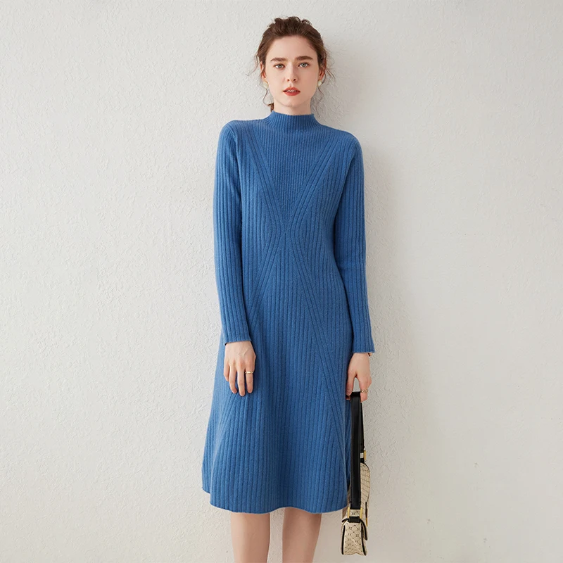 High-end Autumn Winter New 100% Cashmere Long Sweater Dress Women Knitted Dresses Female Fashion O-Neck Elastic 4Colors Pullover