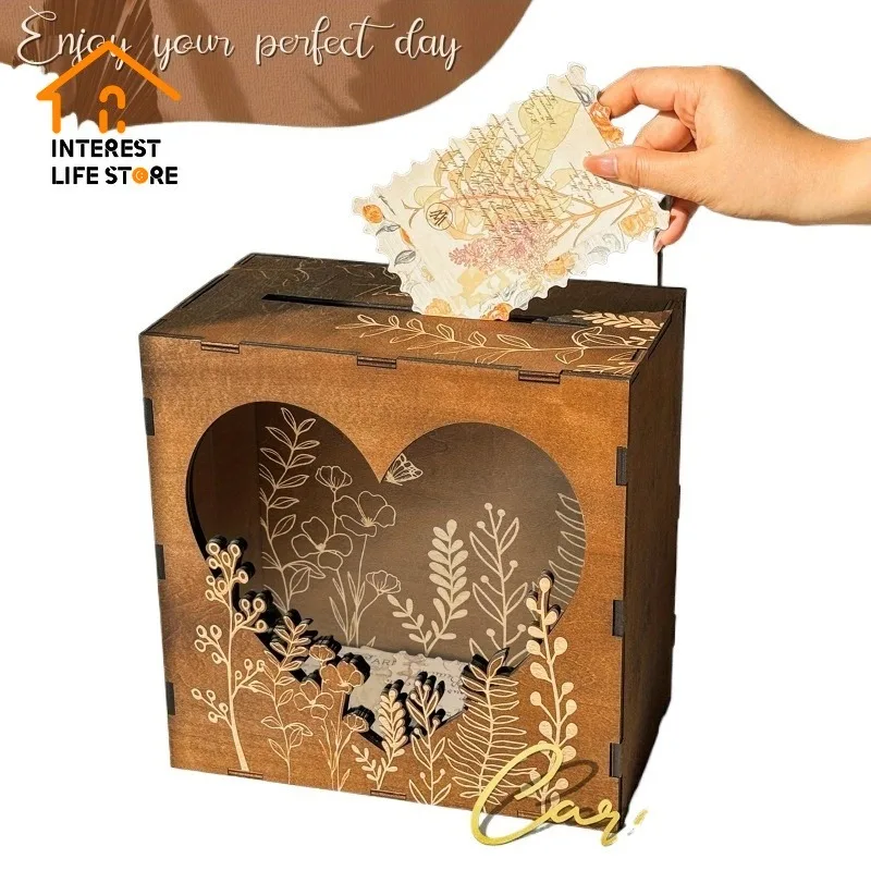 

Hot European Style Heart Shaped Acrylic Window Wooden Wedding Card Warm Box Decoration Graduation Leave A Message Party Birthday